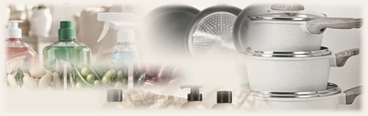 A soft composition of consumer product categories: household cleaning bottles, canned foods, personal care dispensers and cookware.